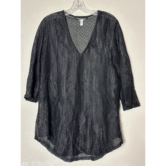 Calvin Klein Swimwear Cover Up Size Medium Black Chevron Print Sheer Tunic - Picture 1 of 5